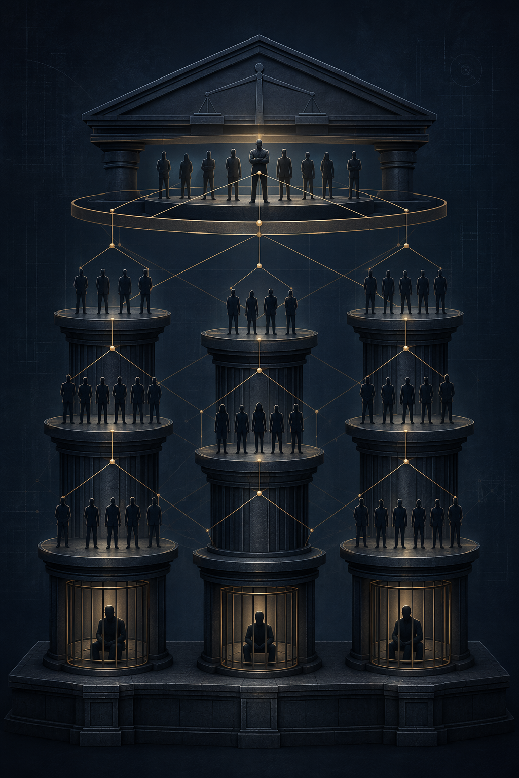 Editorial illustration of three interconnected organizational columns rising from a shared base with figures arranged in hierarchical levels
