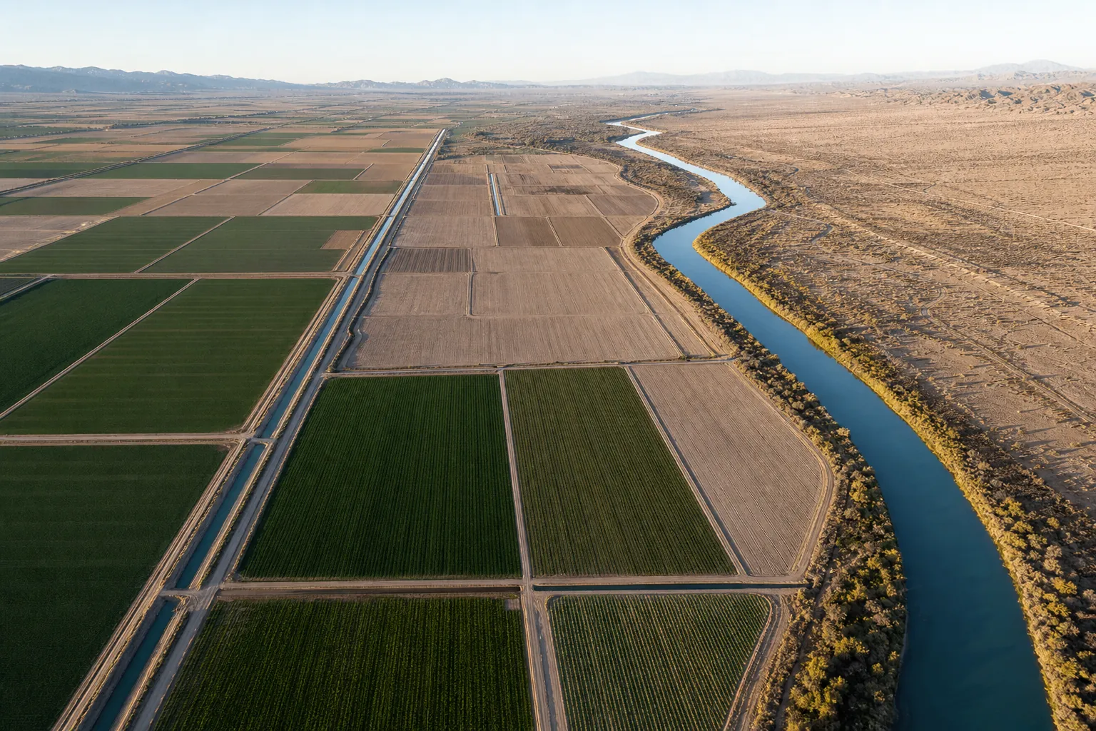 Aerial view of irrigated and fallowed fields in the Mexicali Valley along the Colorado River