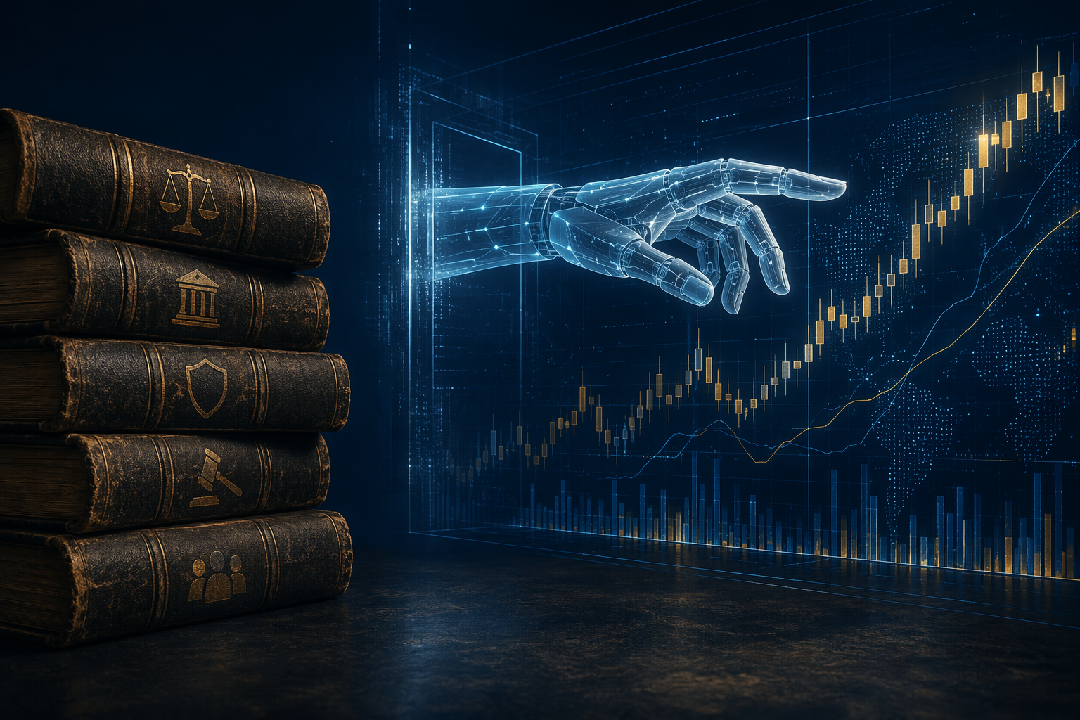 A robotic hand reaching toward a trading interface with regulatory rulebooks in the foreground