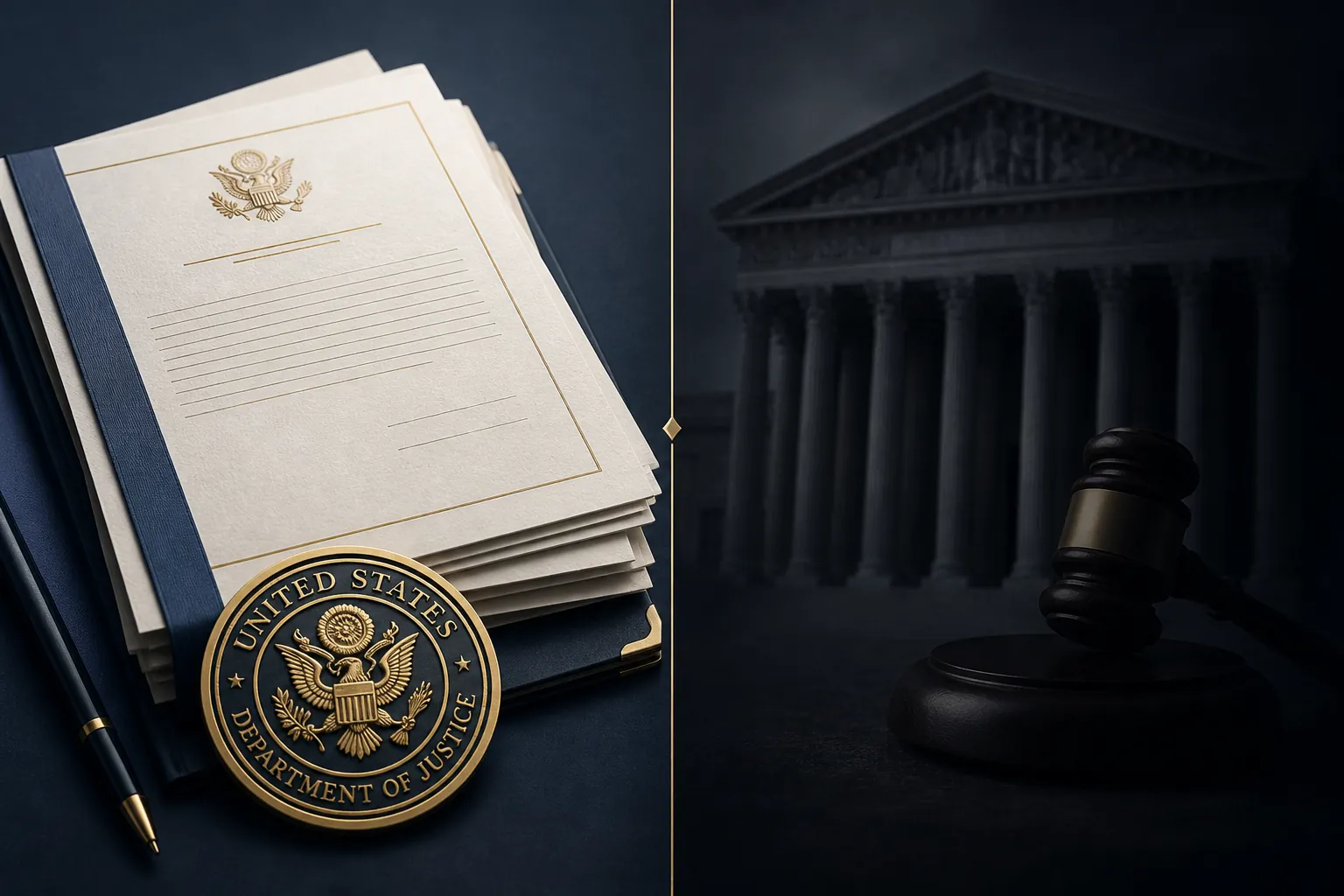 Legal documents and a contract beside a shadowed courthouse facade and judge's gavel