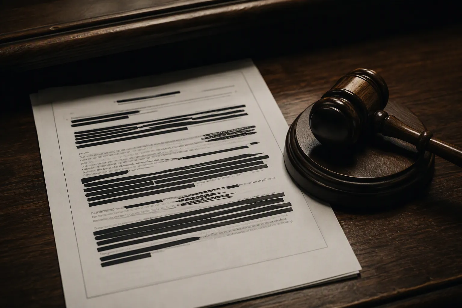 Search warrant affidavit with redacted passages on a judge’s bench beside a gavel