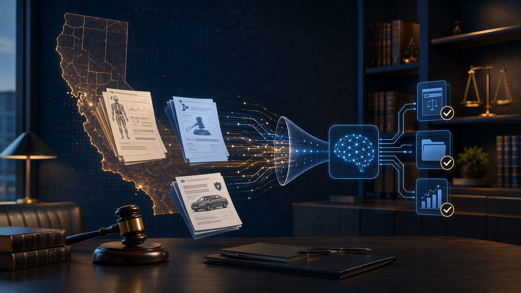 California law office workflow showing medical records, arbitration documents, and insurance policy papers moving through a digital pipeline