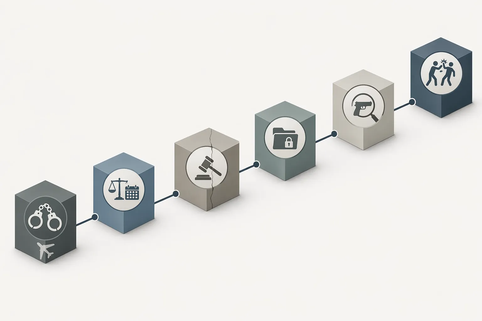 Editorial timeline of six connected legal decision points with a crack through one block