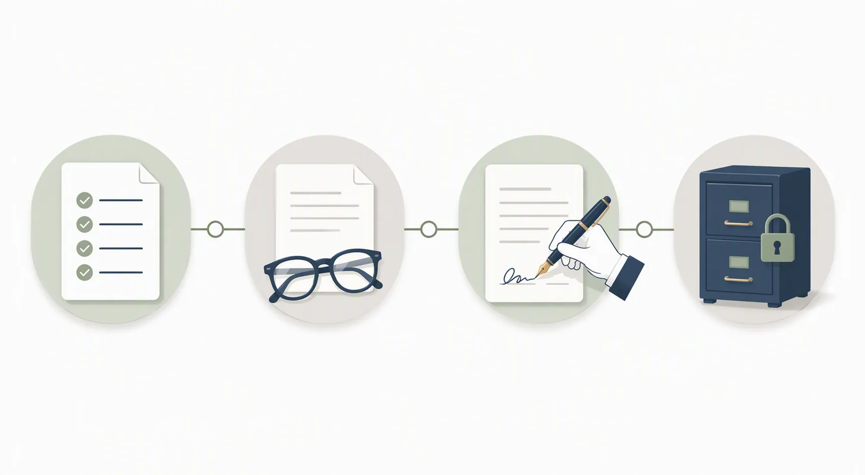 A workflow line connecting a checklist, document review, signing, and a locked file cabinet