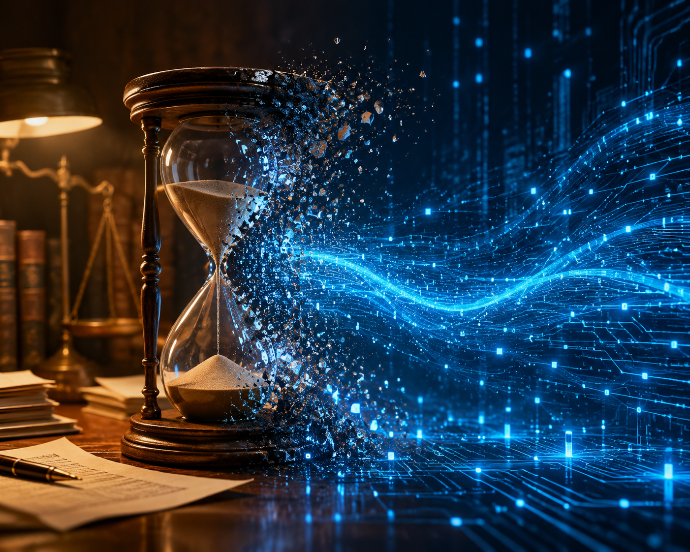 Traditional time clock and legal documents dissolving into digital data streams