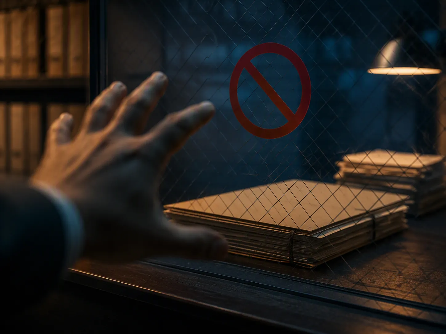 A hand reaching toward an audit case file is blocked by a warning barrier