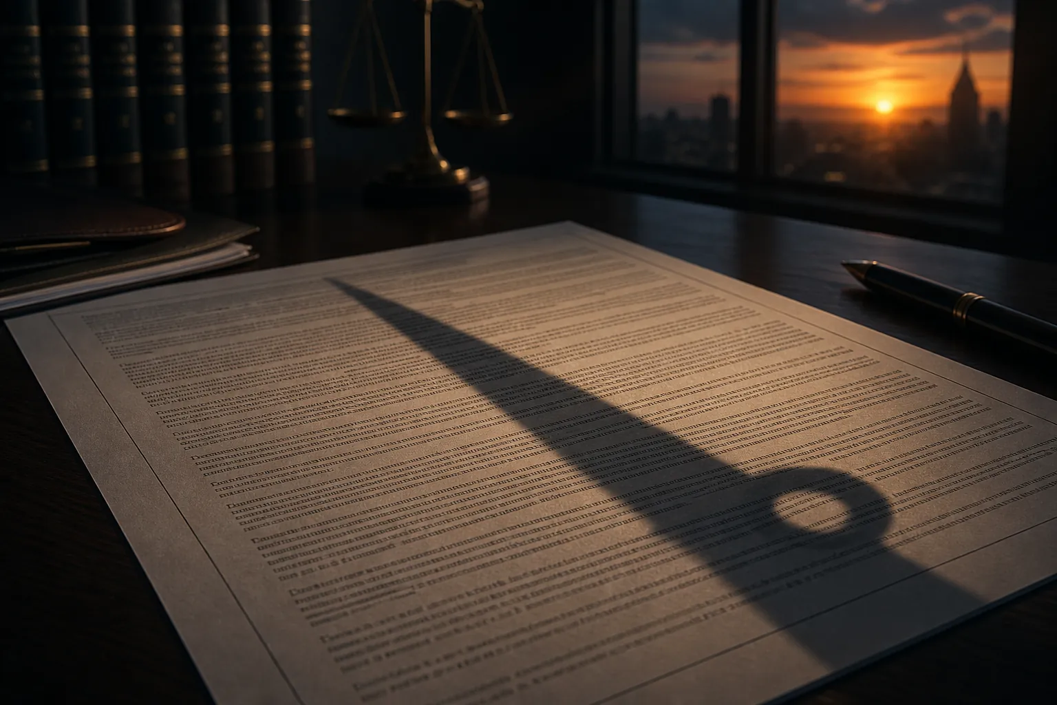 A legal contract on a dark desk with a long clock-hand shadow suggesting termination risk already written into the terms