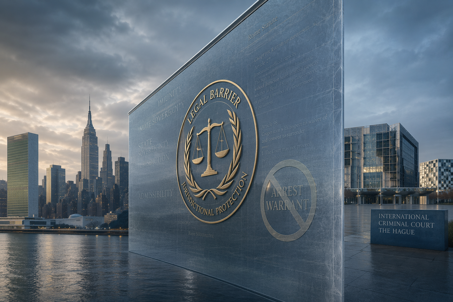 Legal barrier between New York City and the ICC courthouse with a blocked arrest warrant symbol