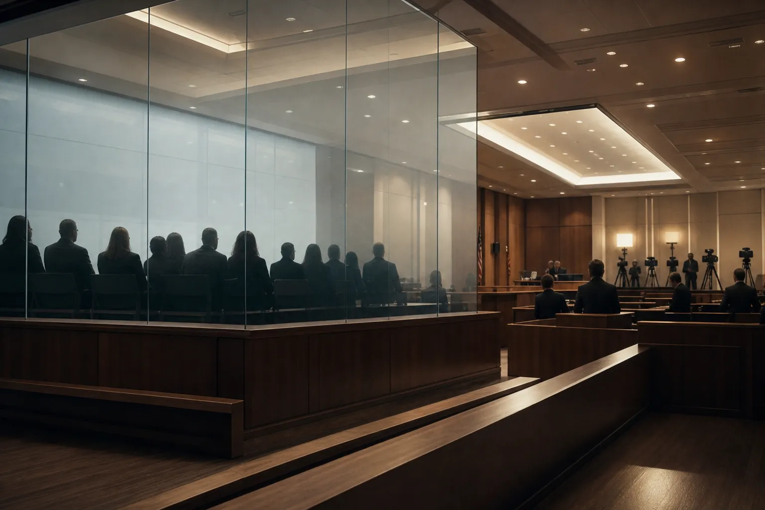 Jury box behind a translucent screen while media silhouettes remain outside a low barrier