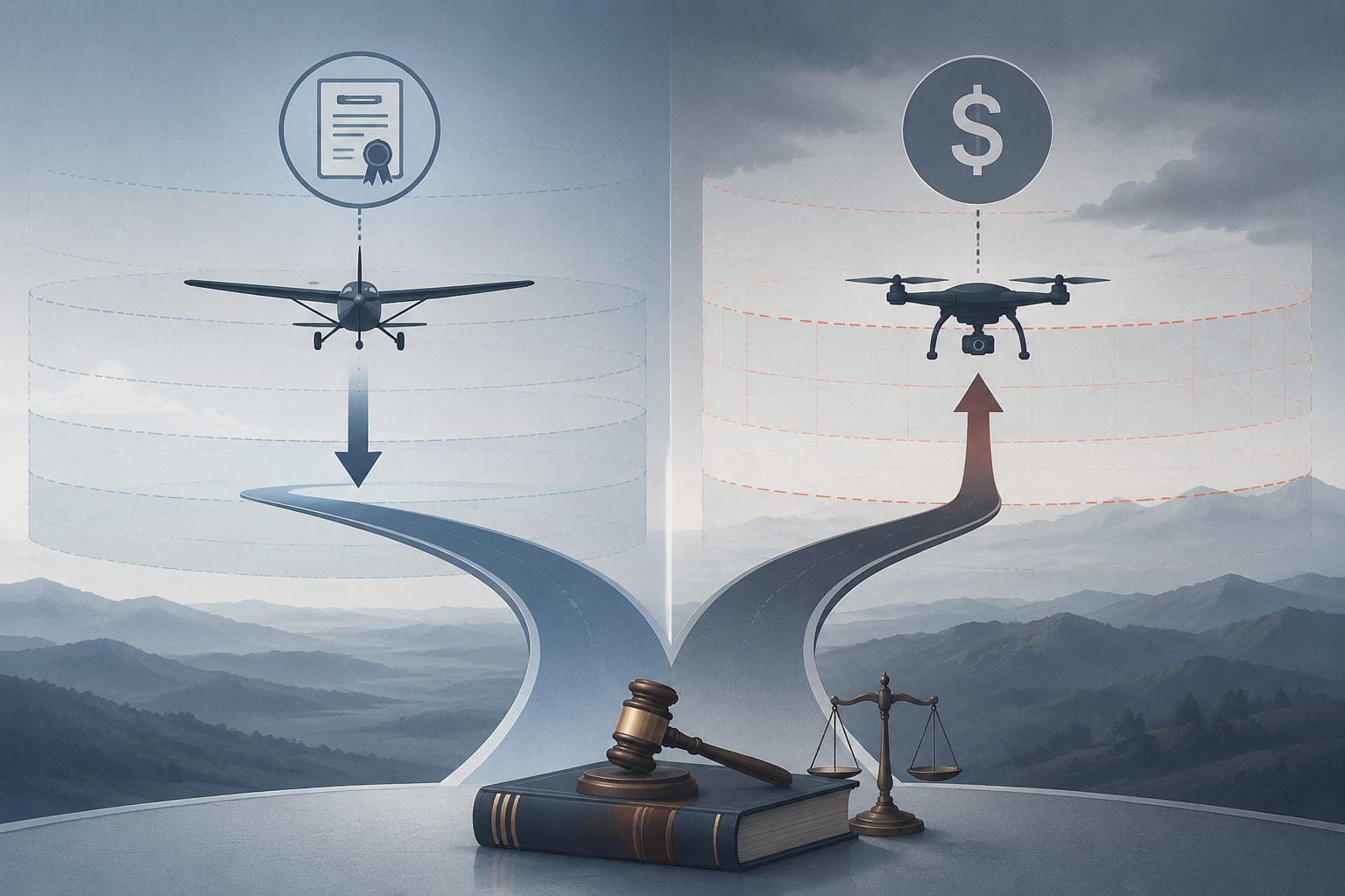Illustration of manned aircraft and drone enforcement paths diverging from a shared legal baseline