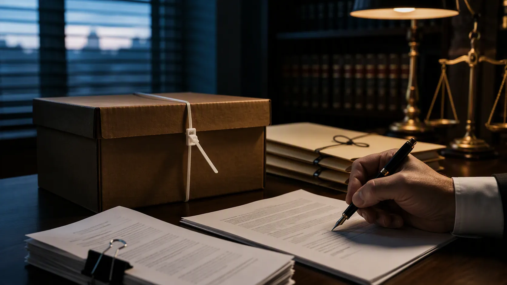 Attorney signing a legal charging document while evidence boxes and unopened file folders sit behind it