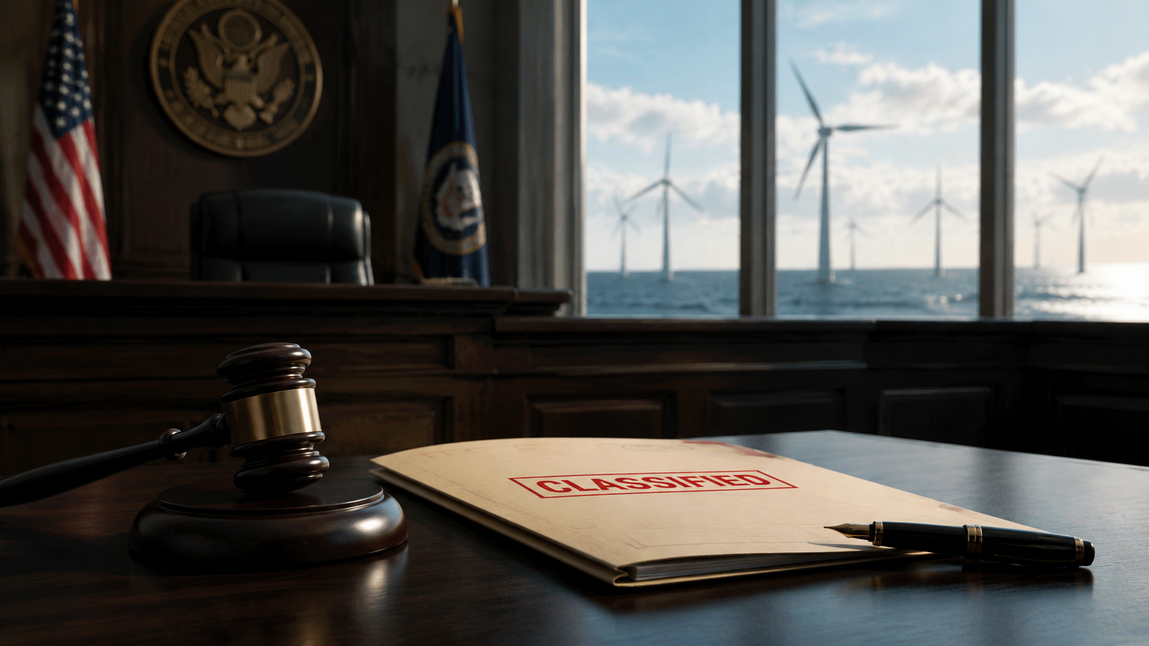 Federal courthouse interior with a classified folder and offshore wind turbines visible through a window