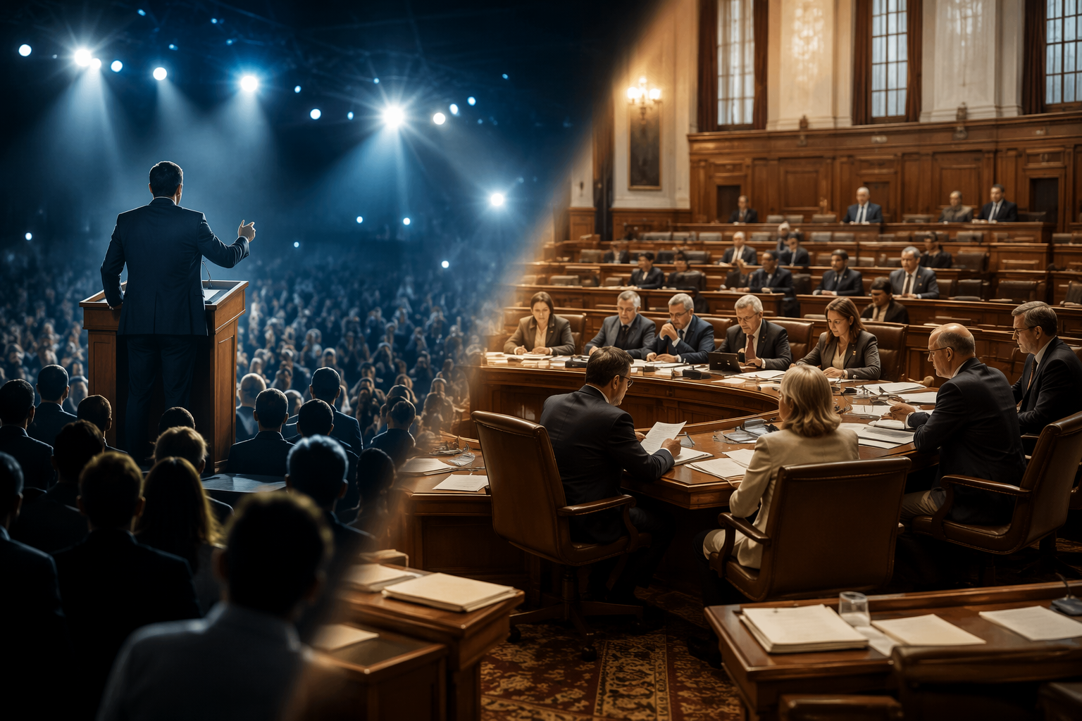 Illustration contrasting a bright campaign rally with a quiet legislative chamber