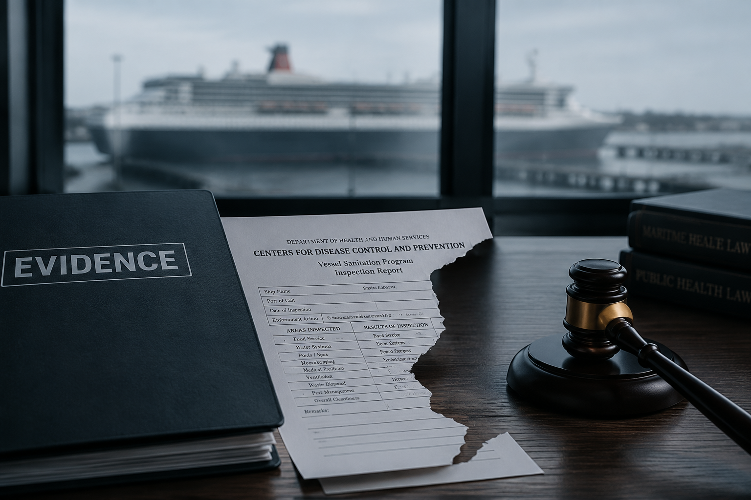 Legal evidence folder with a torn CDC inspection form beside a gavel and a cruise ship in the background