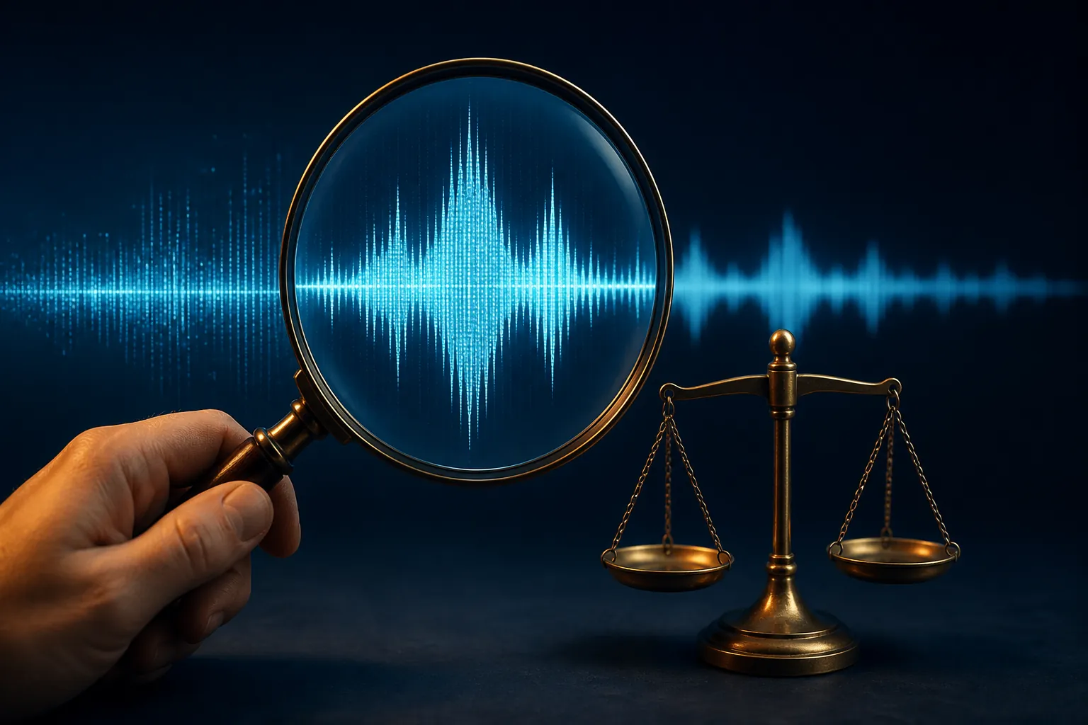 Glowing audio waveform examined through a magnifying glass beside a balance scale