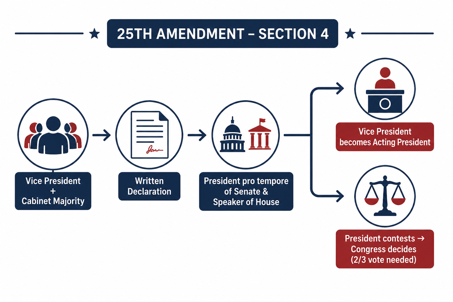 Process flow diagram of the Section 4 mechanism from vice president and cabinet majority to written declaration and possible congressional vote