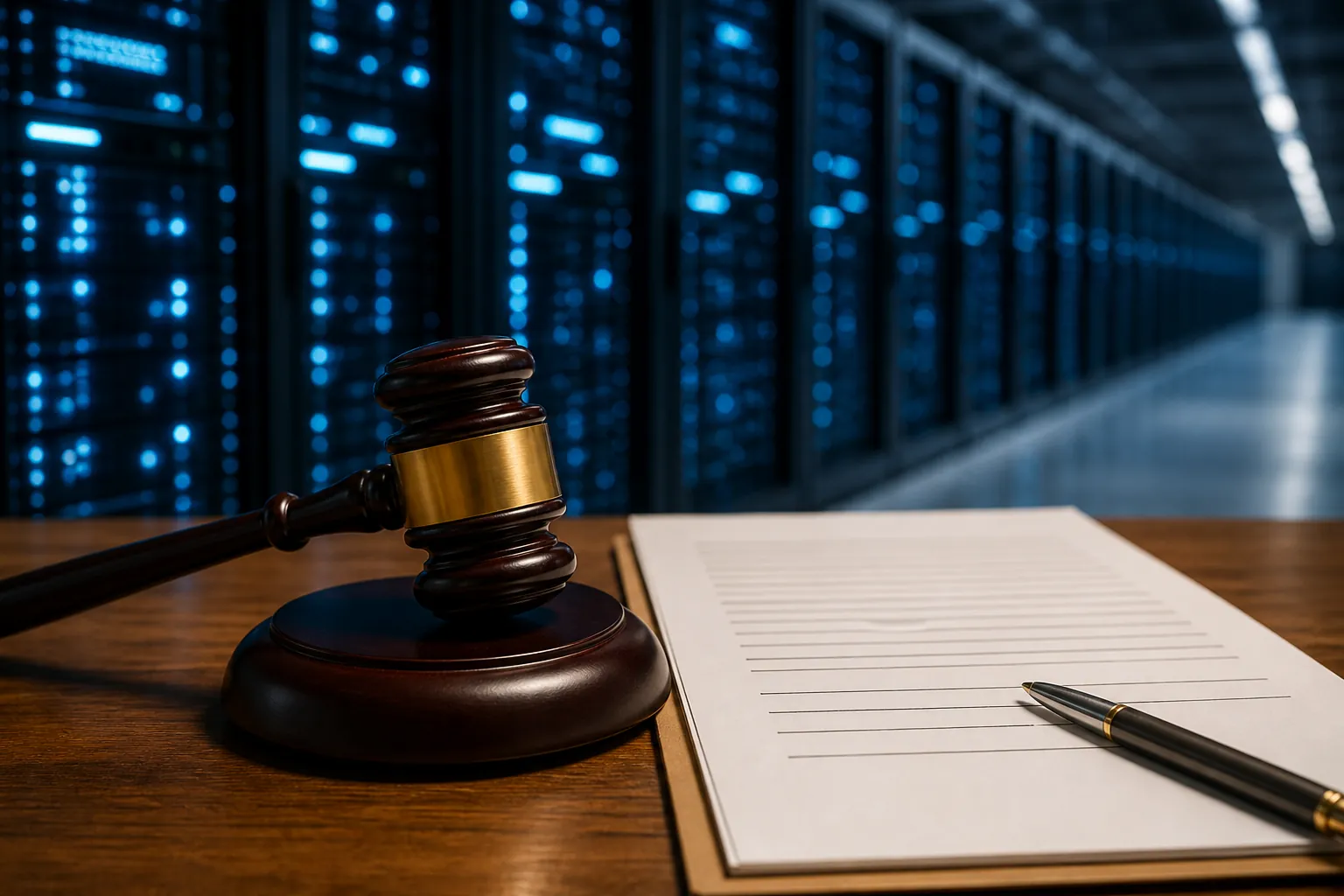 Courtroom gavel and legal document in front of data-center server racks