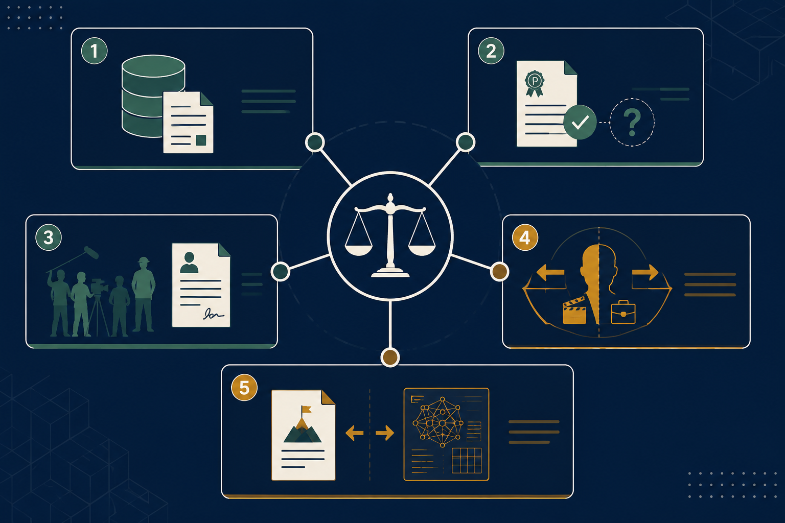 Five due diligence pillars for an AI acquisition covering data provenance, patent defensibility, labor exposure, founder conflicts, and ethics representation gaps