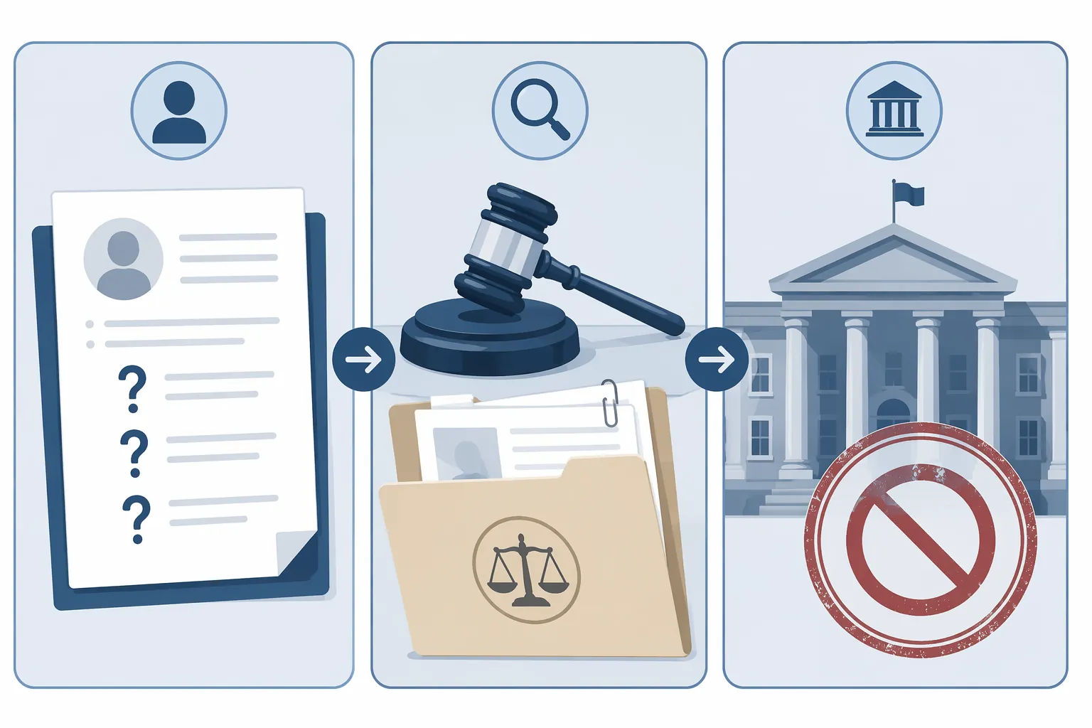 Visual panels showing a disclosure question, an investigation file, and a government building with a void stamp concept