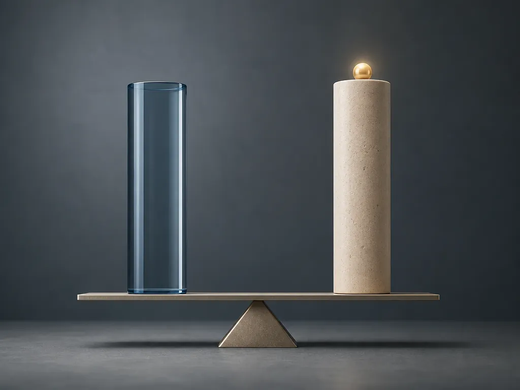 Two equal-height columns balanced evenly with a small gold marker indicating a modest edge