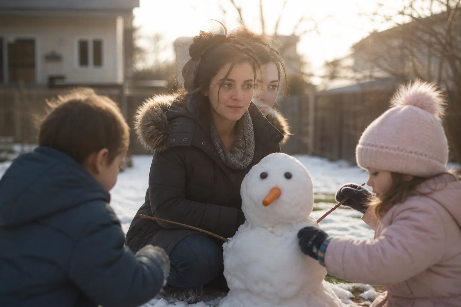 A calm winter family scene with a mother and two children beside a snowman, suggesting outward normalcy despite inner turmoil