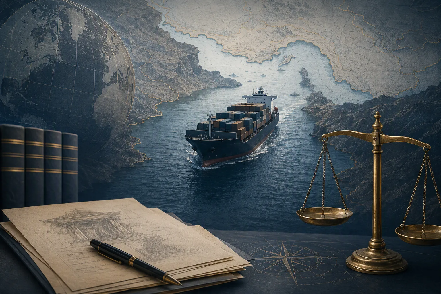 Cargo ship sailing through a narrow strait with scales of justice and legal document motifs
