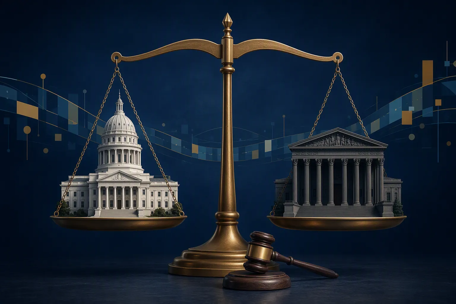 Balance scale weighing a state capitol dome against a federal courthouse, with a gavel and ticker ribbon in the background