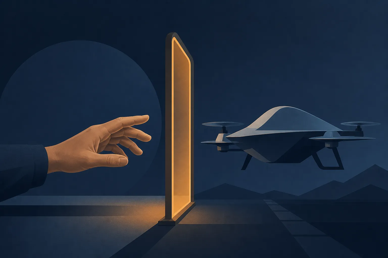 Human hand reaching toward an autonomous aerial vehicle with a checkpoint gate between them