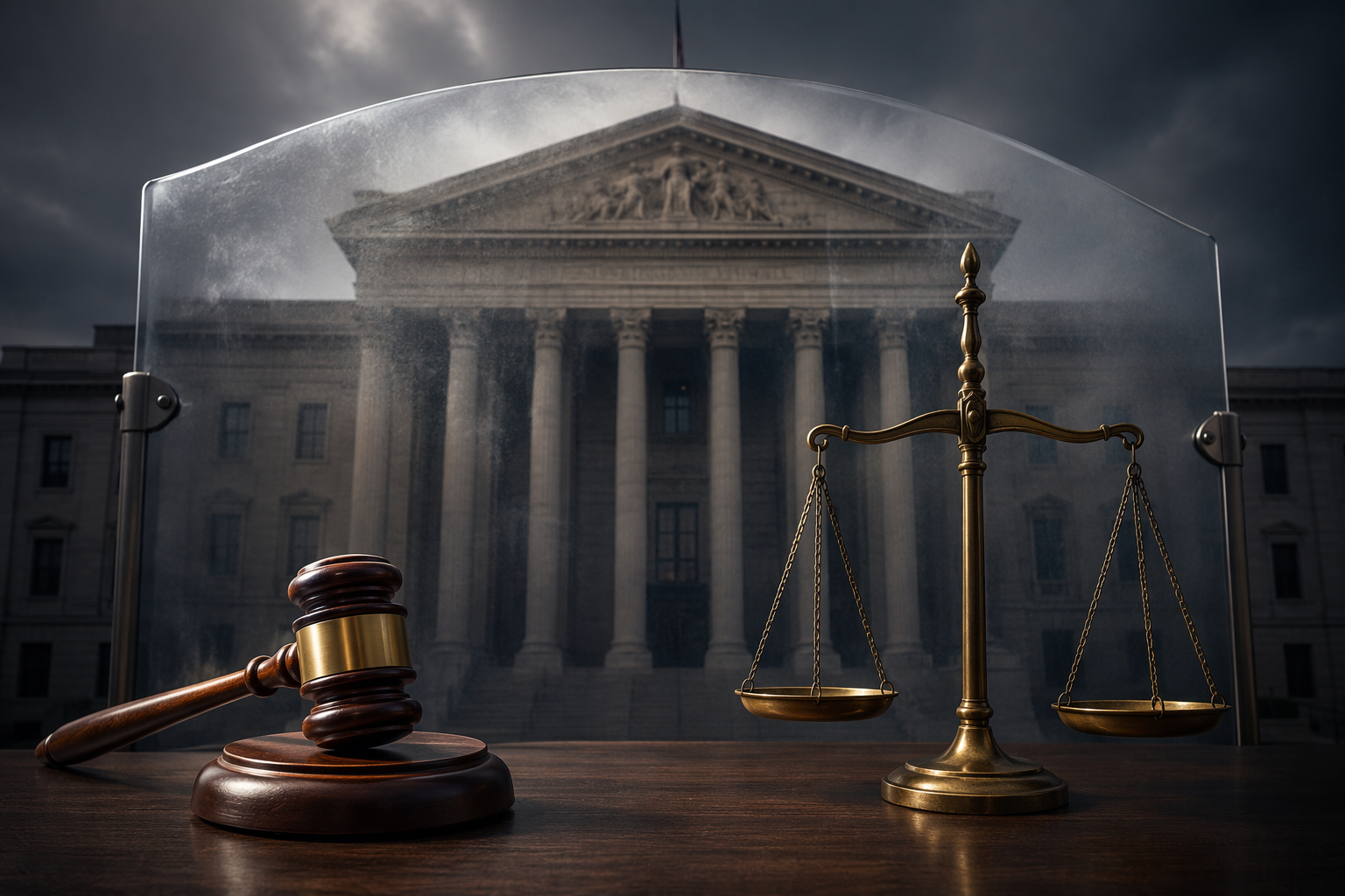Government building separated from a gavel and scales of justice by a translucent barrier
