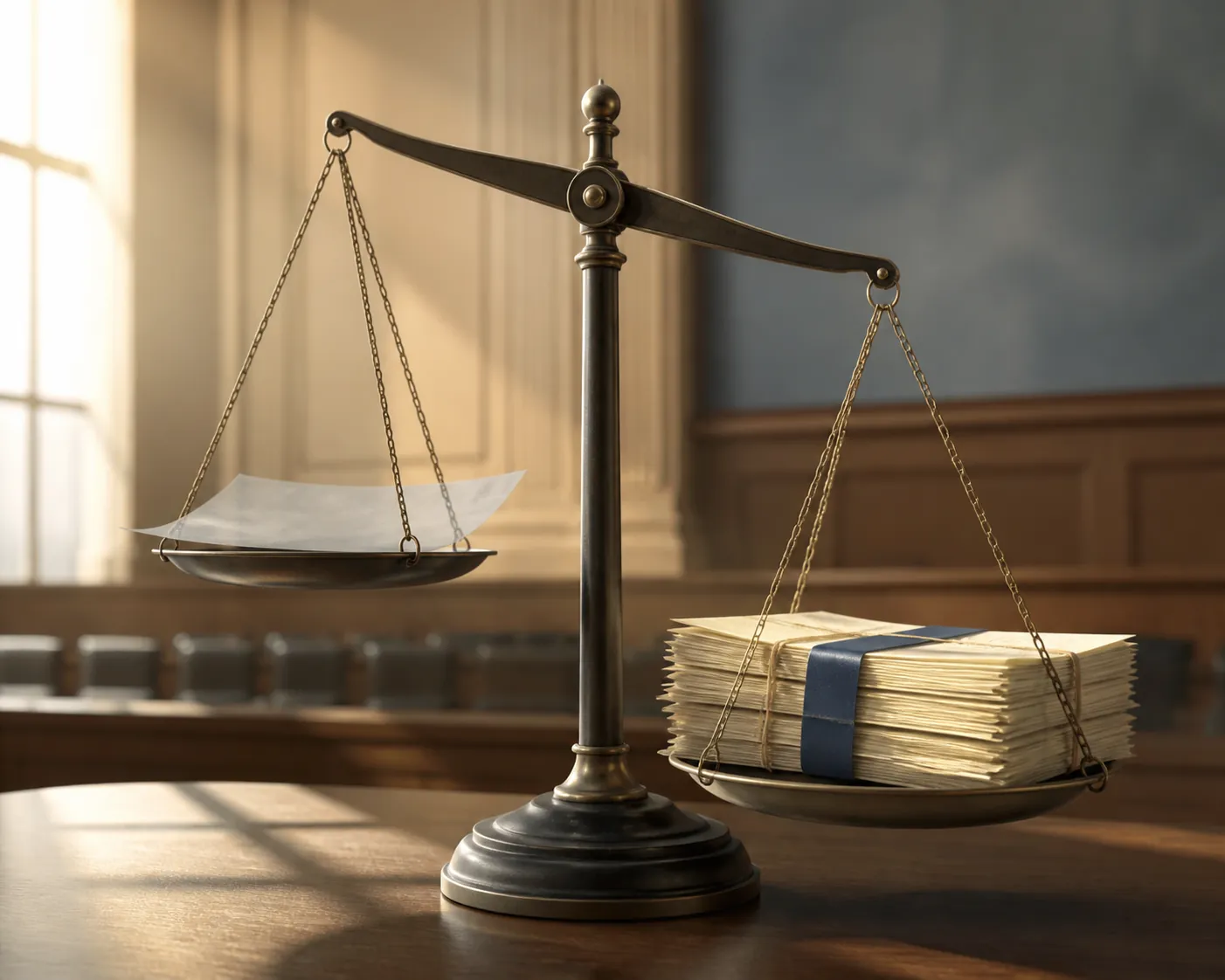 Courtroom scale contrasting a thin sheet of suspicion with a heavy stack of legal documents