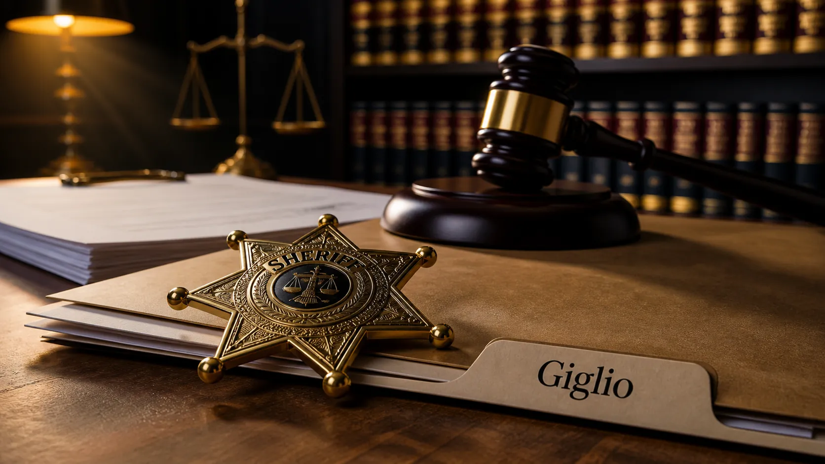 Sheriff badge on an open legal folder with a Giglio case tab and gavel