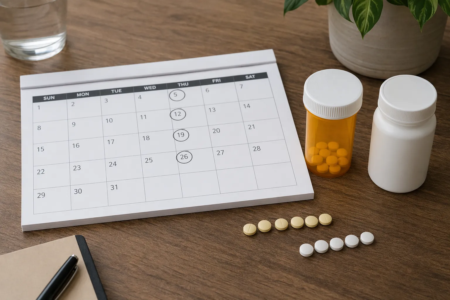 Prescription pill bottles and a monthly calendar representing partial medication compliance evidence