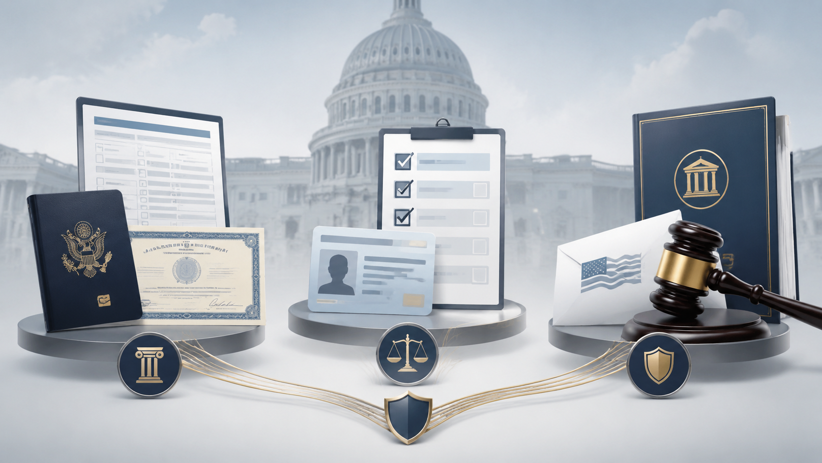Three legal columns showing documentary proof of citizenship, voter ID requirements, and mail ballot restrictions under the SAVE America Act