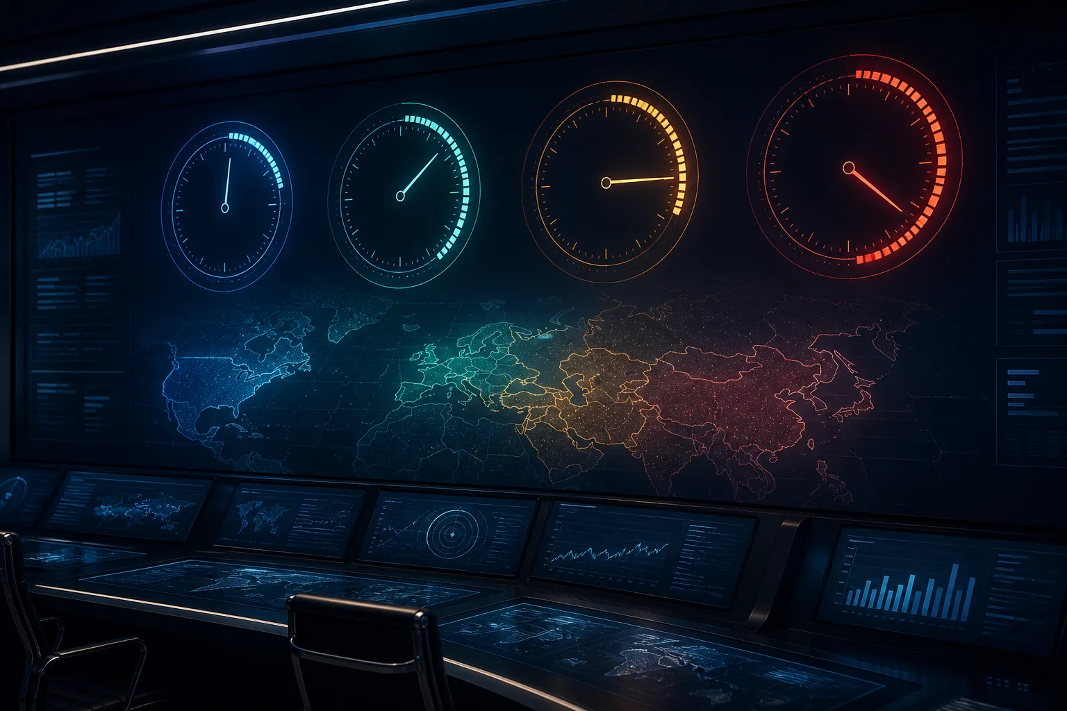 Incident-response command center wall with multiple jurisdictional countdown clocks