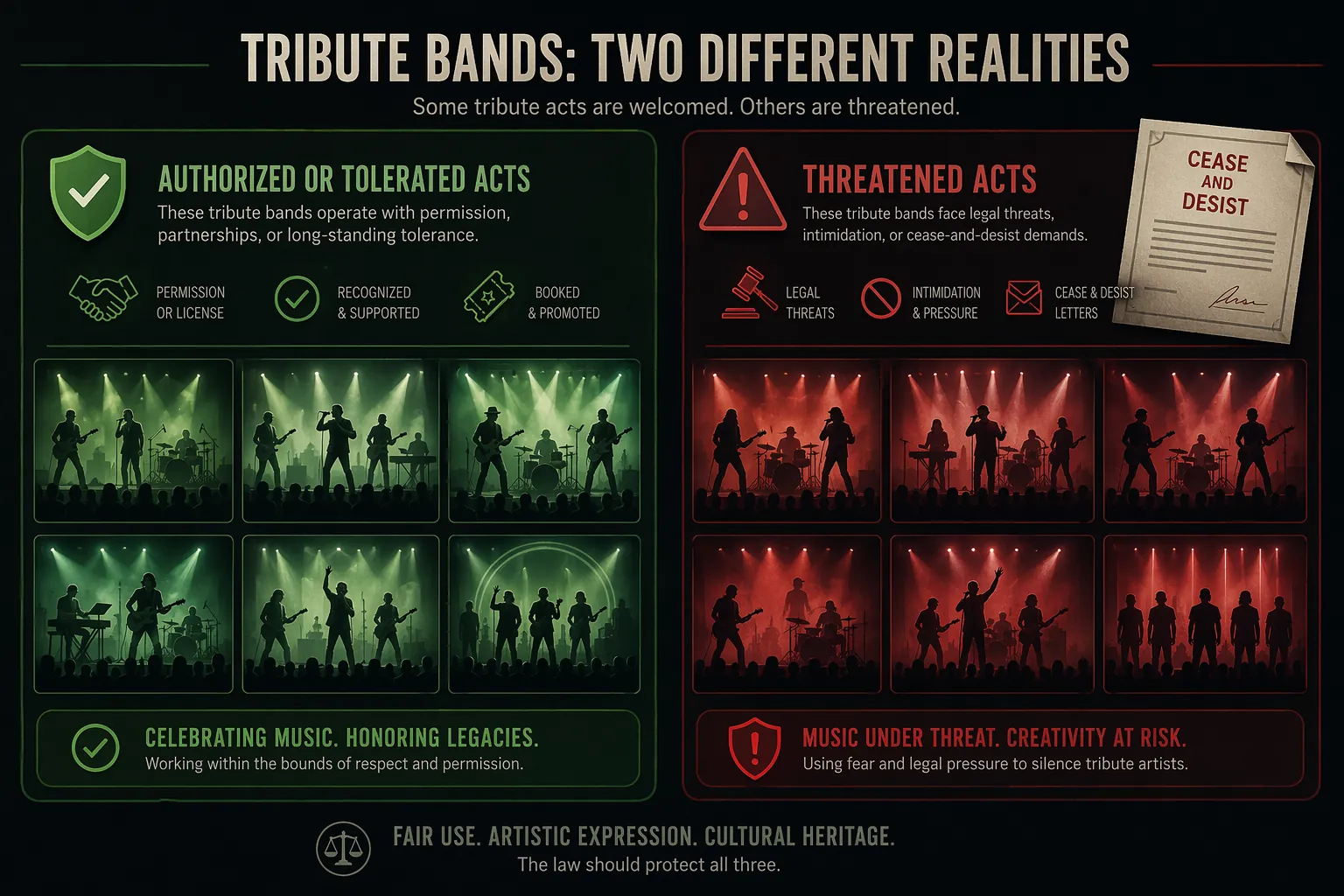 Comparison of authorized or tolerated tribute acts and tribute acts facing cease-and-desist demands