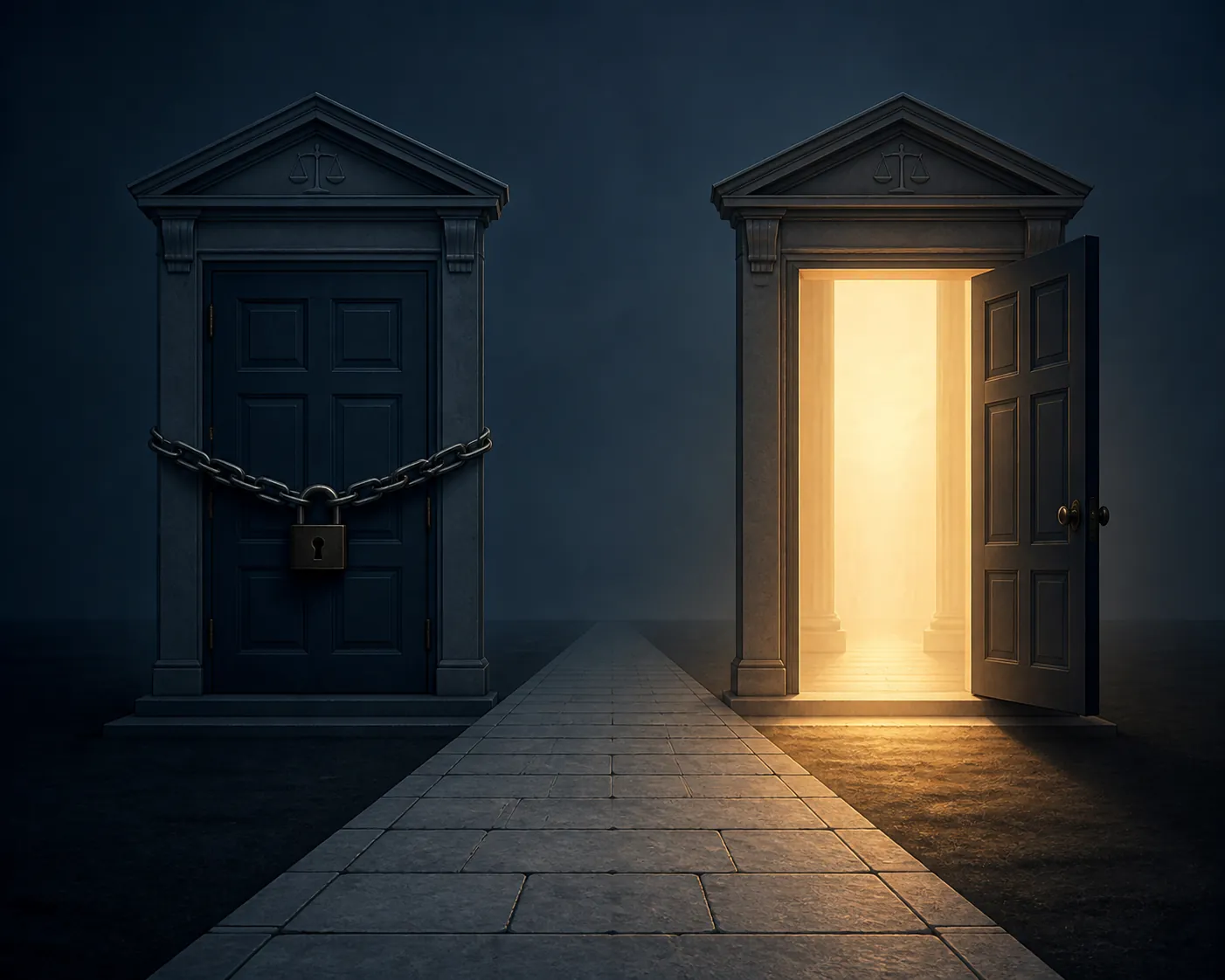 A courthouse door shown locked and then open along the same stone pathway
