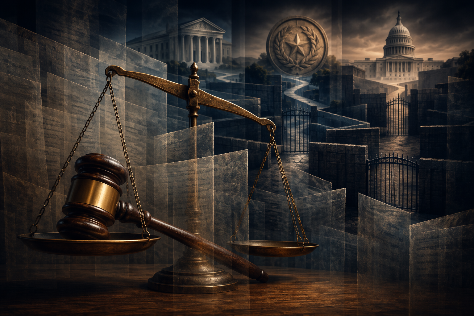 A balance scale and gavel partially blocked by legal documents, gates, and courthouse pathways
