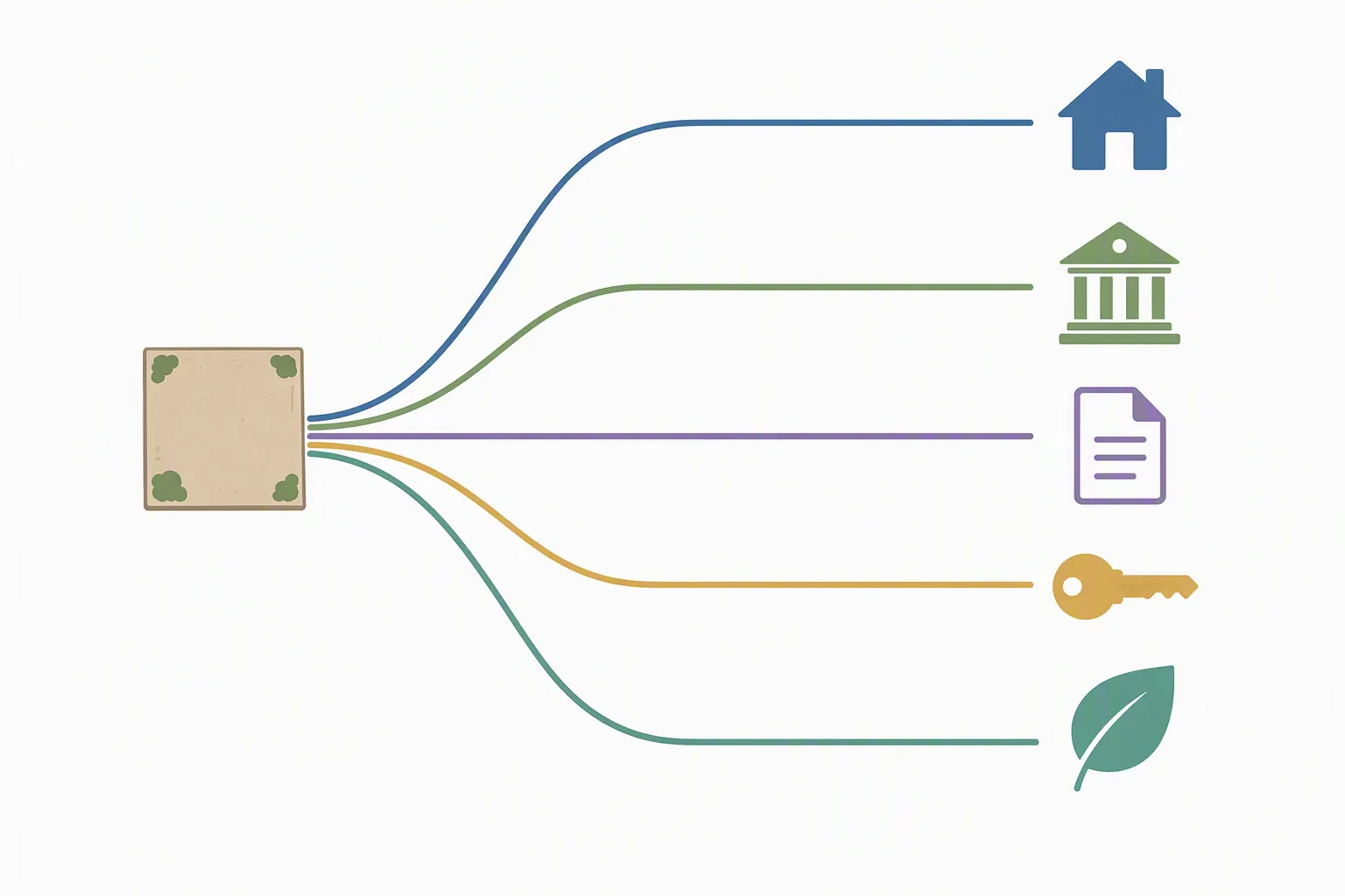 Diagram of one parcel branching into several possible entitlement routes for public land development