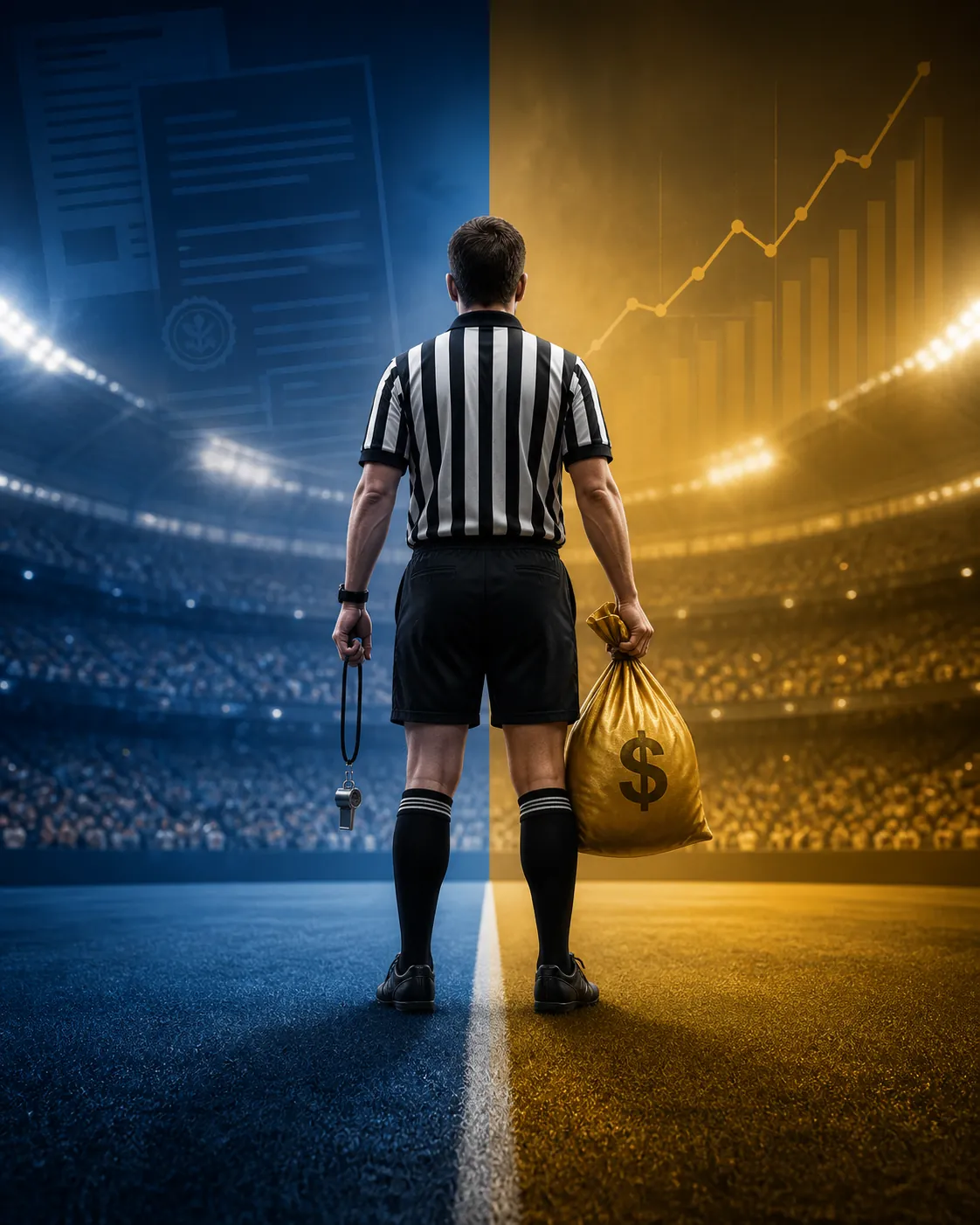 A referee holding a whistle and a money bag between regulation and commerce