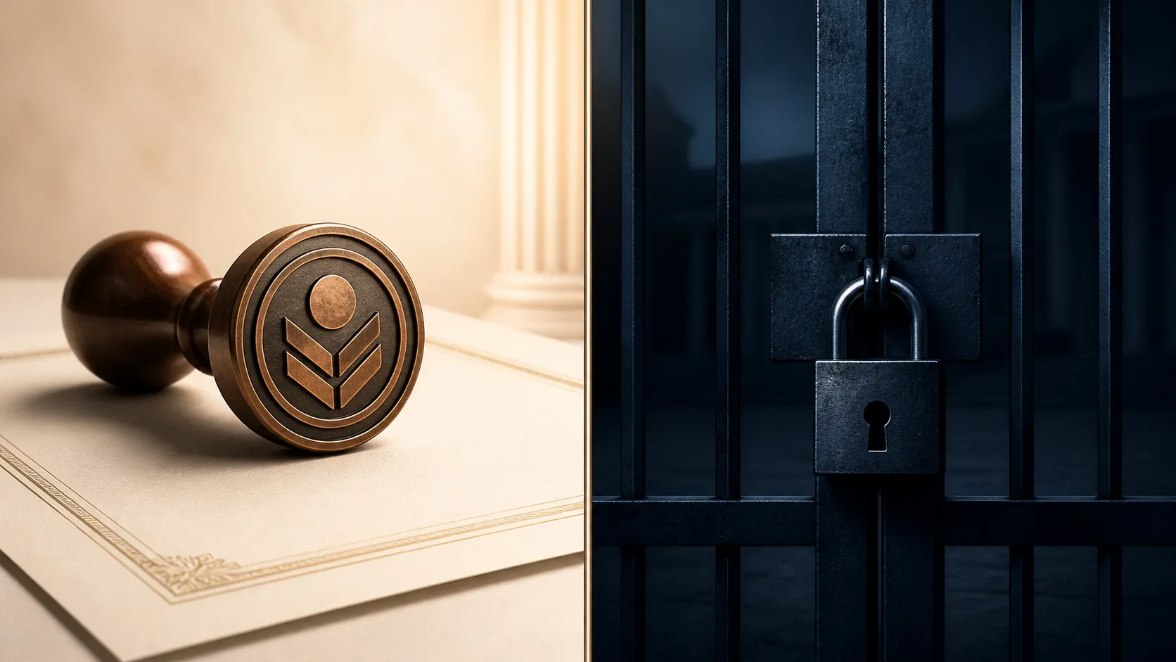 Registration stamp on a certificate beside a locked security gate separated by a vertical divide