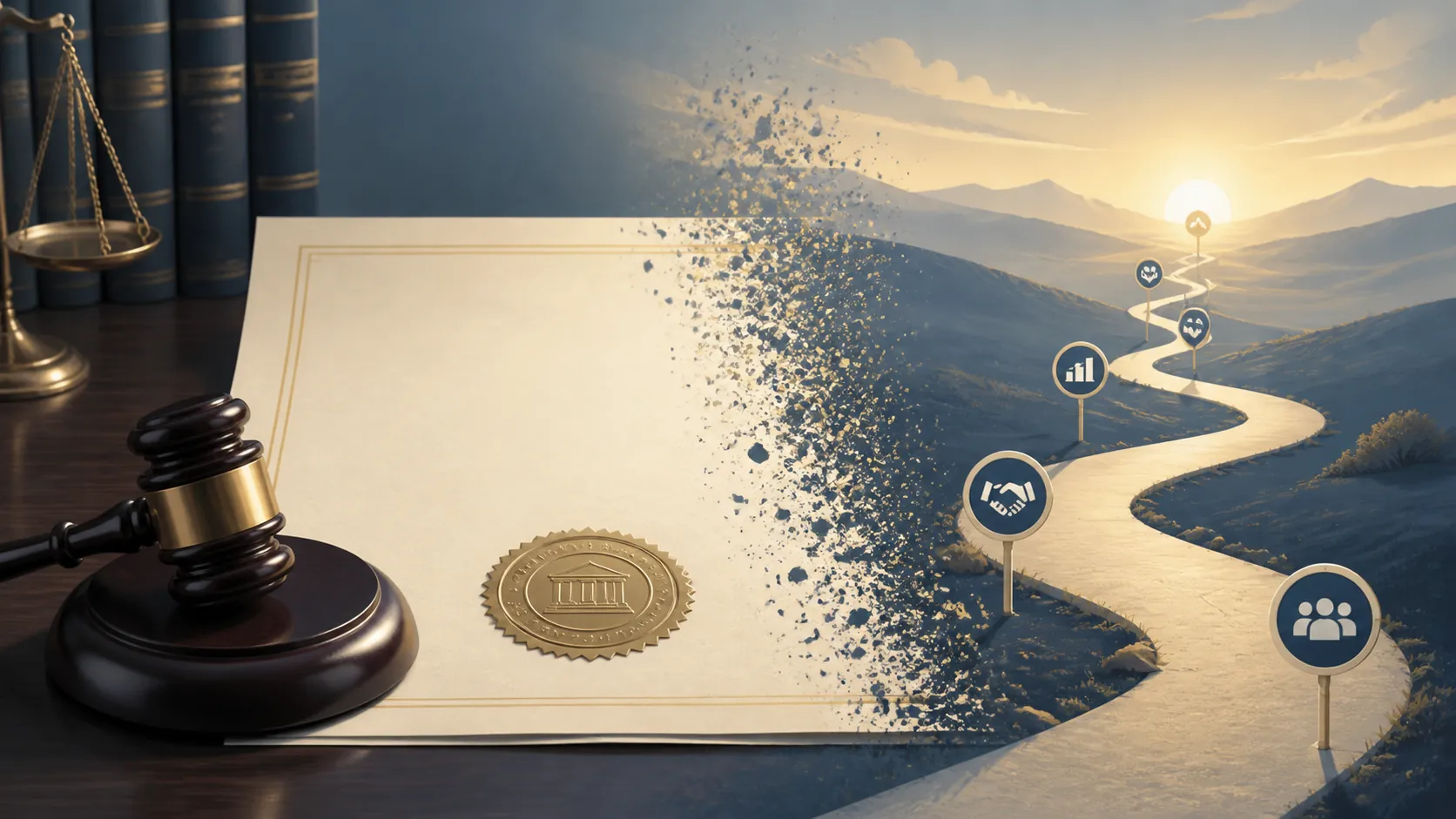 Judge's gavel beside a sealed settlement document transitioning into a milestone path
