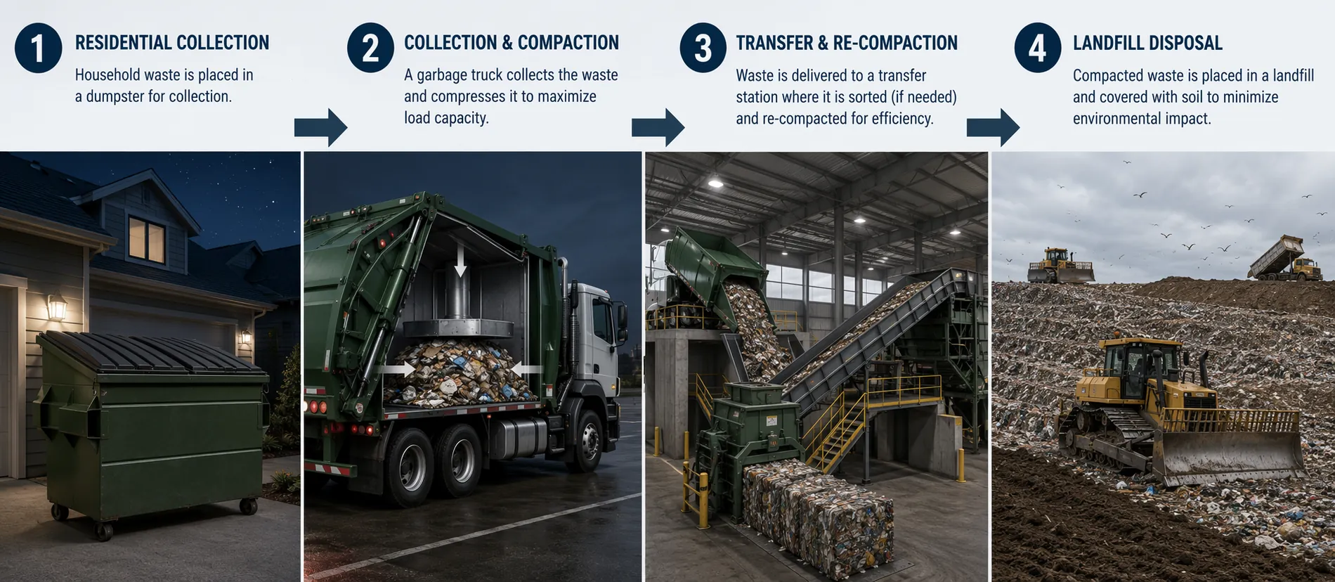 Flow diagram of waste handling from residential dumpster to garbage truck, transfer station, and landfill