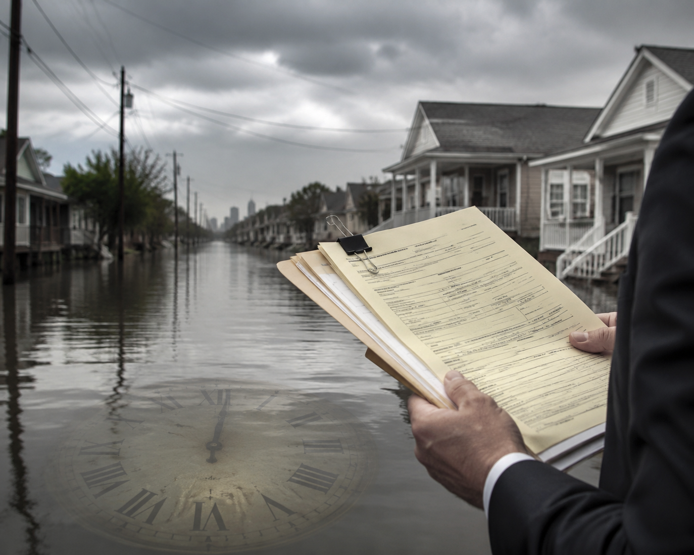 Flooded Louisiana street with official documents and a reflected clock
