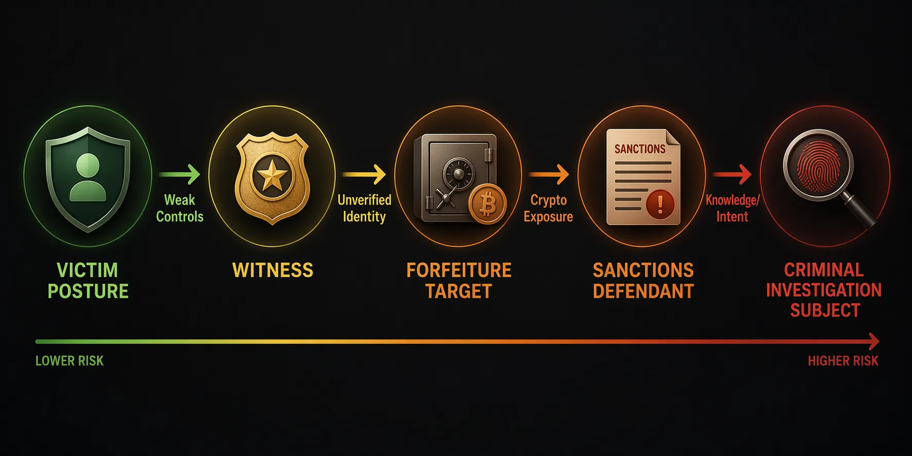 Liability escalation diagram from victim posture to criminal investigation subject