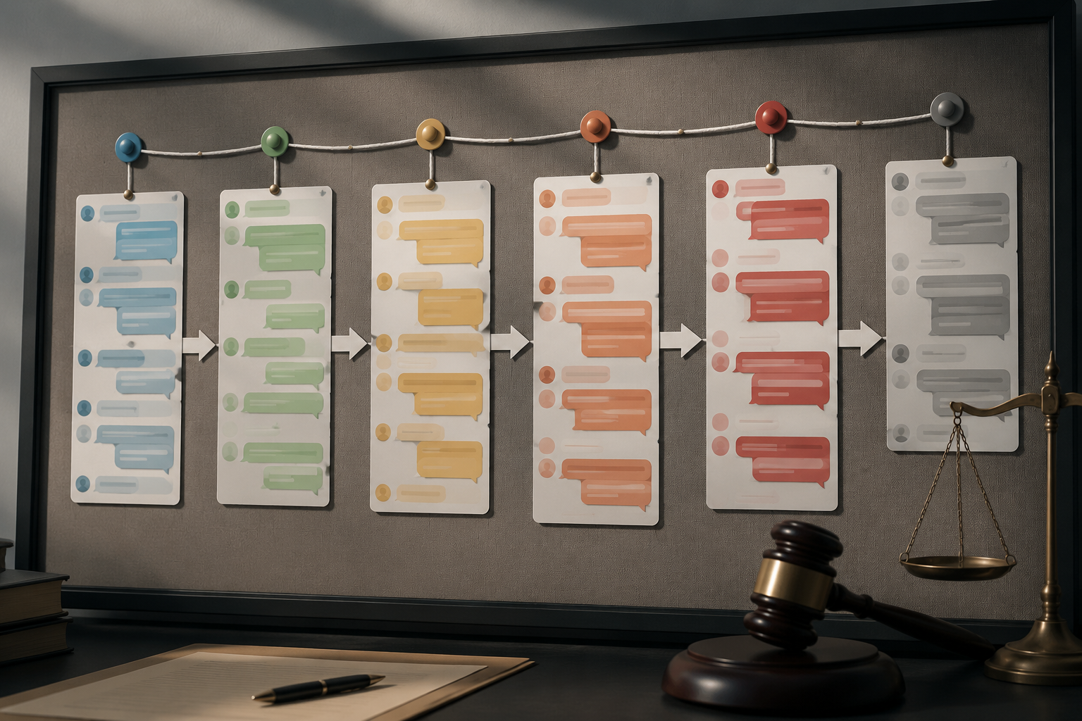 A sequence of digital message bubbles pinned on an evidence board with a gavel.