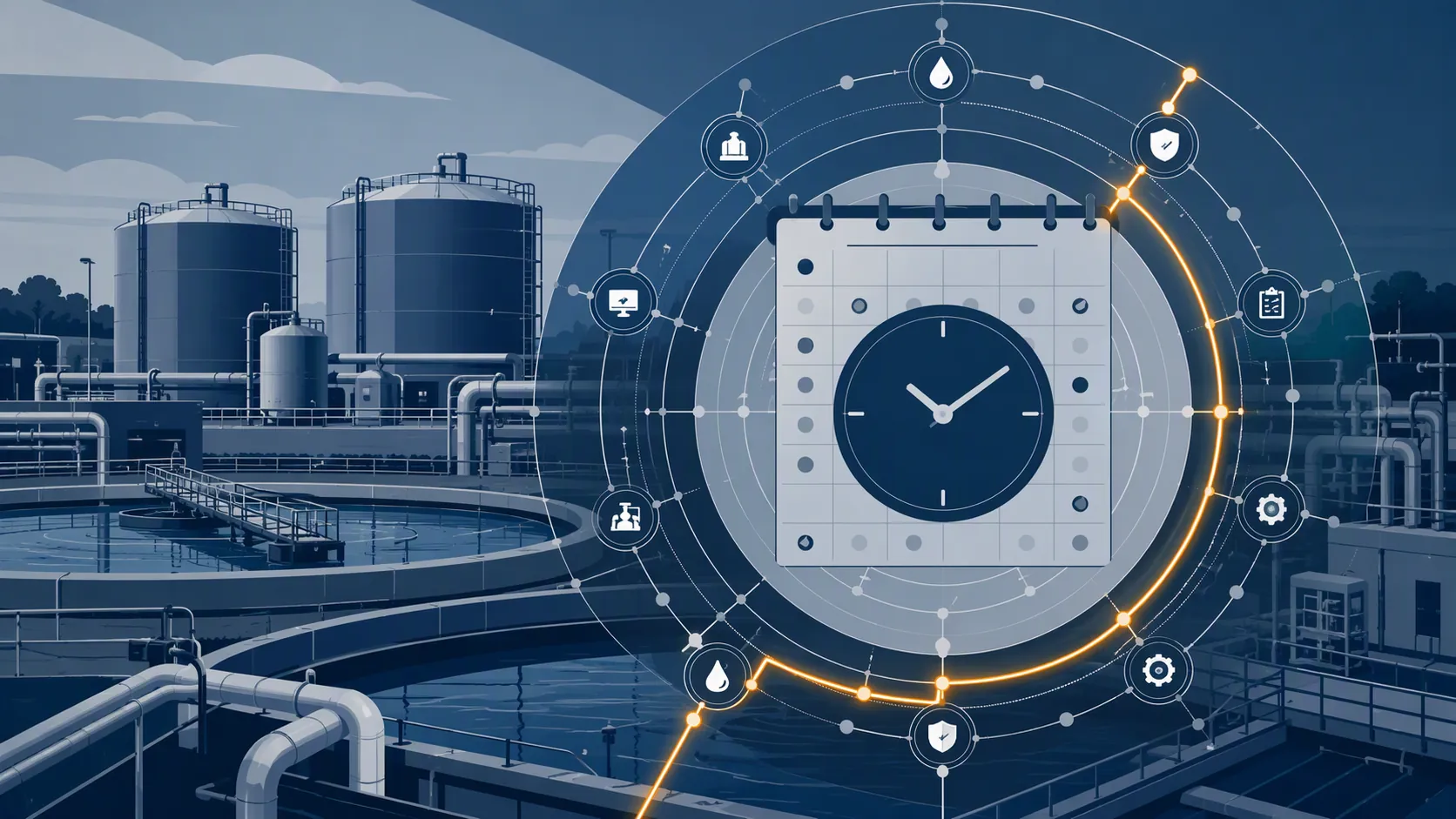 Stylized water treatment facility with calendar and OT network deadline rings