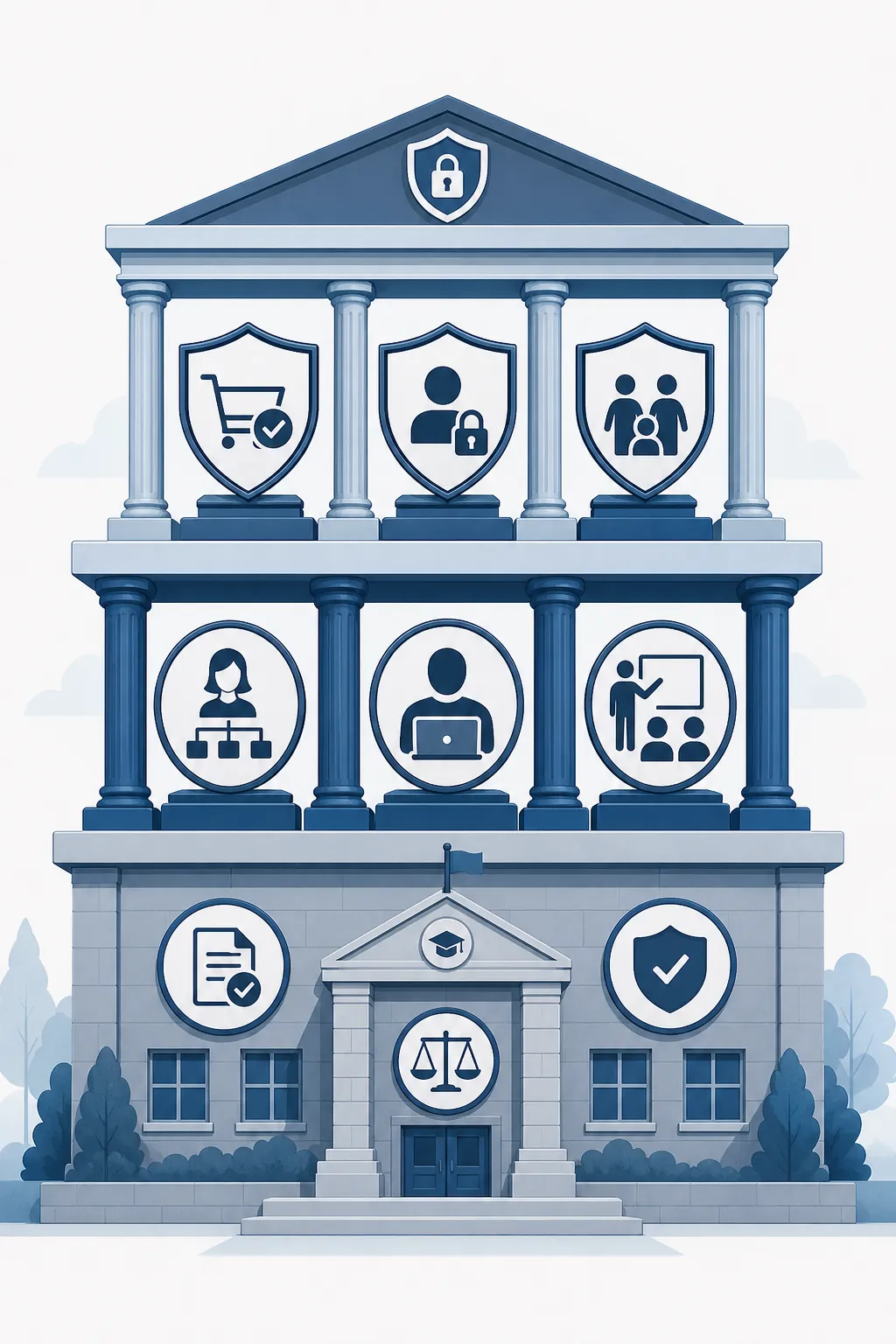 A layered school compliance framework with governance, coordination, and policy shield icons