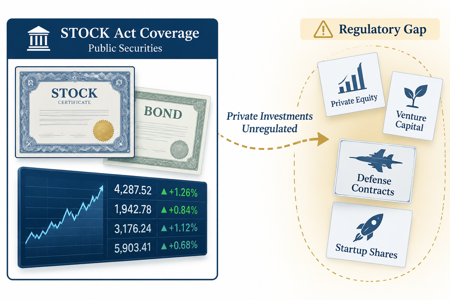 Diagram contrasting STOCK Act coverage with a regulatory gap for private equity and venture capital