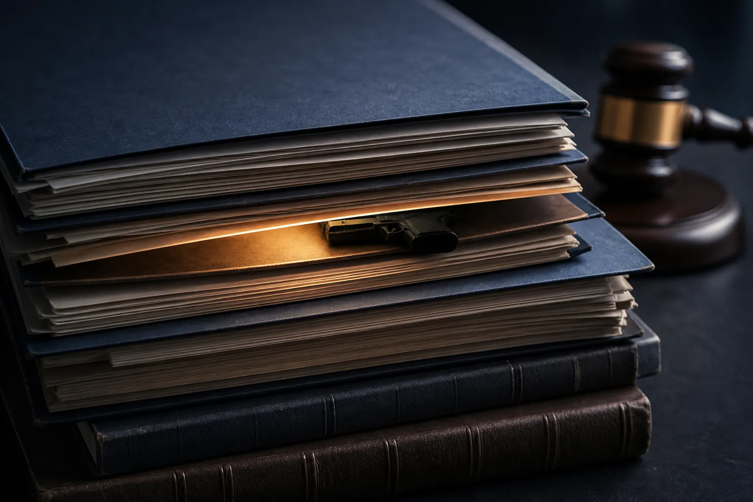 Stacked legal documents and statute books with a handgun silhouette in shadow between the layers