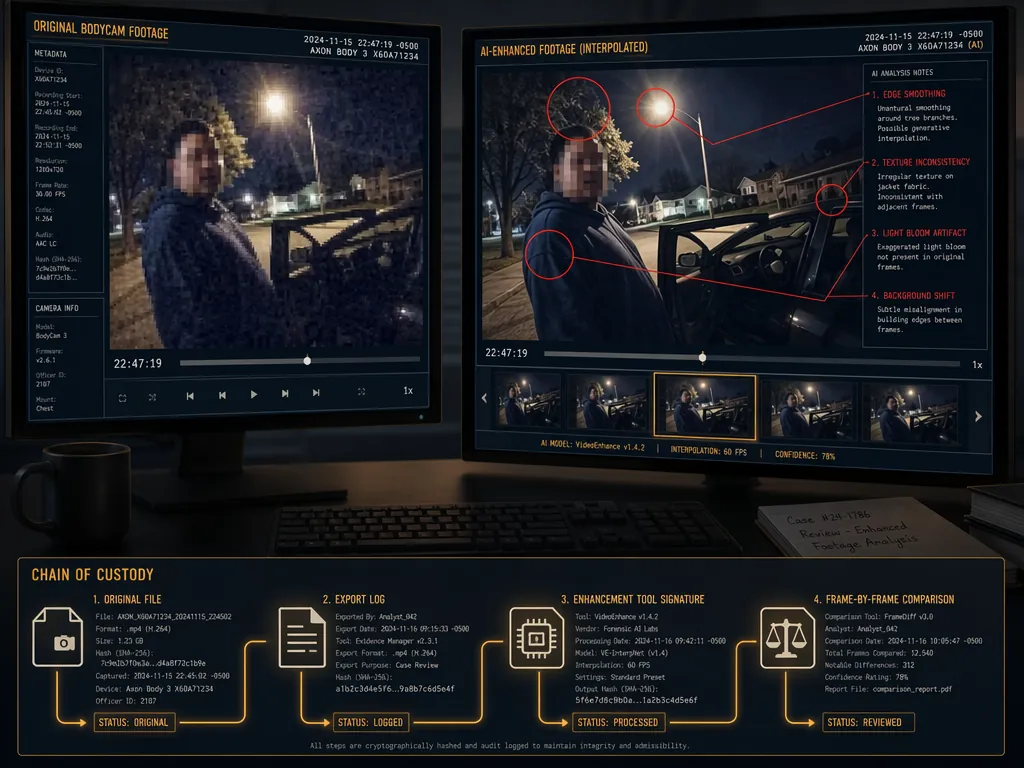 Forensic workstation comparing original bodycam-style footage with AI-enhanced footage and annotated interpolation artifacts